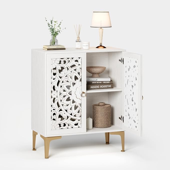 JOINICE 31.5" White Accent Cabinet with Carved Doors & Storage, Set of 2 | Carved Floral Design, Boho, Versatile Storage for Living Room & Bedroom & Hallway & TV Stand, Adjustable Shelf, Easy Assembly