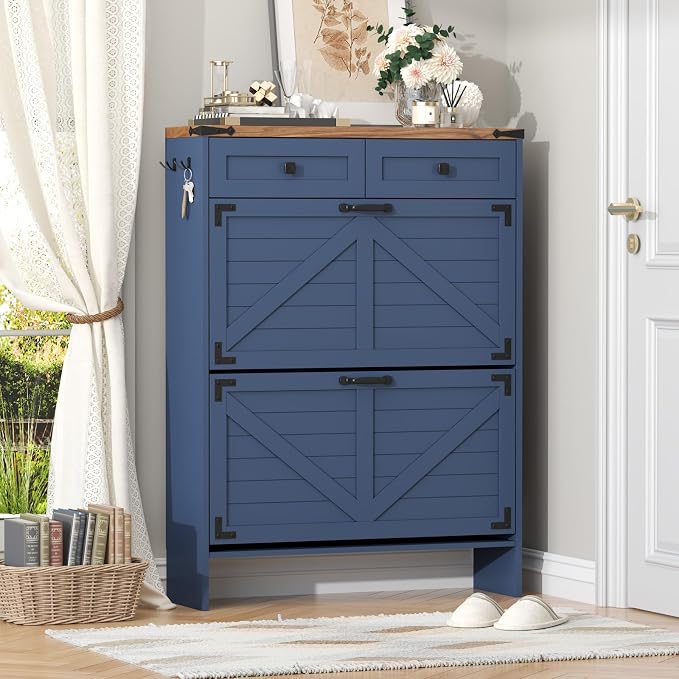 Shoe Cabinet with 2 Flip Drawers, Hidden Shoe Storage Cabinet with 2 Pull-Out Drawers, Farmhouse Shoe Organizer for Entryway, Narrow Shoe Rack for Front Door Entrance, Blue