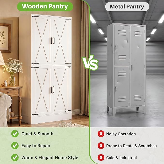 Unikito 71" Tall Kitchen Pantry Storage Cabinet with Built-in Drawer | 31.5" Wide Wood Farmhouse Storage Cabinet with Barn Doors and 3 Shelves, for Home Kitchen,Dining/Living/Laundry/Room