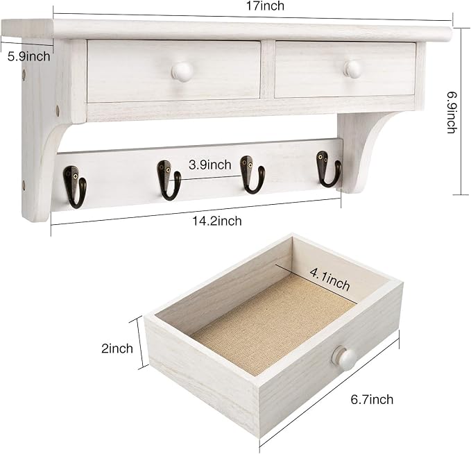 Emfogo Coat Hooks Wall Mounted, Rustic Wood Coat Rack Wall Mount Shelf with Hooks, Farmhouse Wall Coat Rack with Shelf & Coat Hook for Entryway, Mudroom, Bedroom, Kitchen, Bathroom (White)