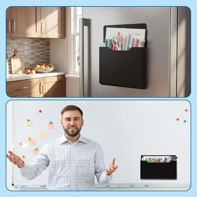 6 Pcs Magnetic Wall File Organizer Magnetic Wall File Holder Refrigerator Magazine Holder for Mail Letters Paper(Black,Horizontal & Vertical)