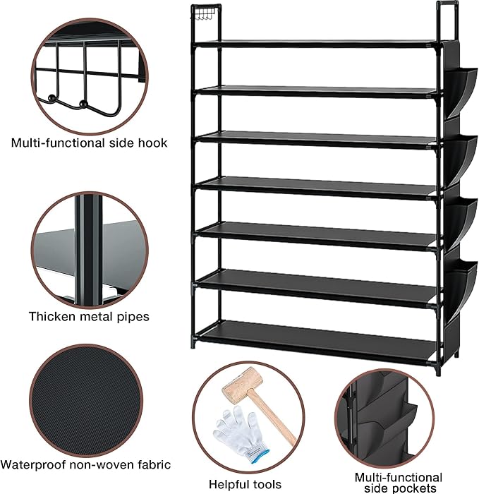 OYREL Large Capacity 7 Tier Shoe Rack, Black, 33.3in Wide x 11.2in Deep x 48.7in Tall, Holds 28-35 Pairs of Shoes, Ultra-Minimalist Style, Waterproof and Durable | 28-35 Pairs, Ultra-Minimalist Style, Waterproof and Durable Closet Front Door Entrance O...
