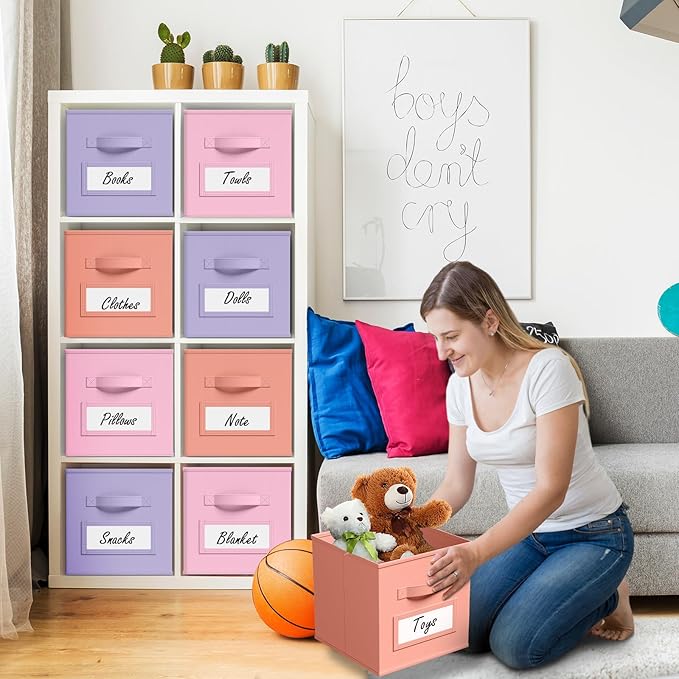 Teenyyou 10 Pack Fabric Storage Cubes 11 Inch Collapsible Cube Bins with Label Window & Handle Foldable Organizers Baskets for Shelf Closet Nursery Kids Room Clothes Book Toy(Gentle Pink Purple)
