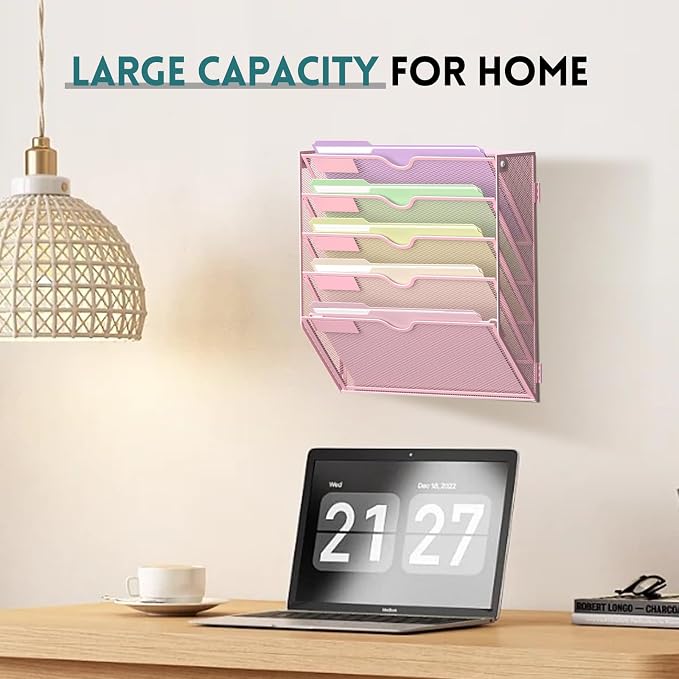 SUPEASY 5 Tier Wall File Organizer, Hanging Wall Mounted Mail Organizer with Label Slots, Metal Mesh File Holder Magazine Rack for Office, Home, School, Pink
