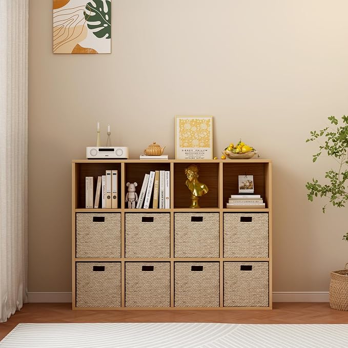 OSCHF 12-Cube Storage Shelf Bookcase, Oak | Wooden 3-Tier Open Bookshelf, Fits 11×11" Bins, Vertical or Horizontal Use, Full Back Panels, For Home Office