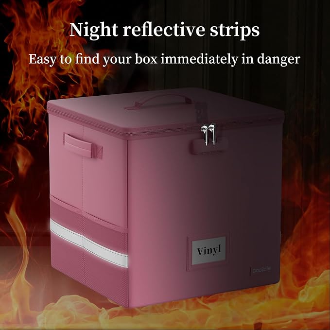 DocSafe Vinyl Record Storage Box with Lock, Fireproof&Water Resistant Record Organizer for 100+ Single Records(12-inch), Collapsible Storage Crate with Lid&Handles for Valuable Album Collection,Pink