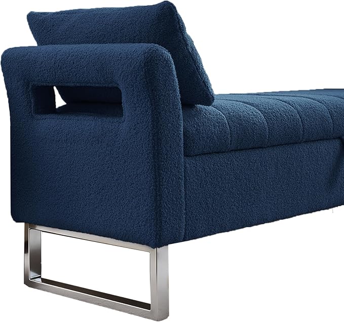 66" Storage Bench for Bedroom Upholstered End of Bed Bench King Size Blue | Long Bedroom Benches for Foot of Bed King,Teddy Storage Bed Bench with Gold Legs,2 Pillows for Entryway Windows Cloakroom