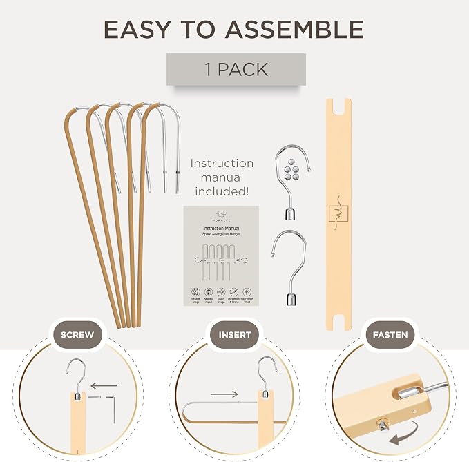 MORALVE Pants Hangers Space Saving - European Beechwood Scarf and Jean Hangers - Closet Organizer and Space Saver Pant Rack, Leggings Hanger, and Scarf Holder with 360° Swivel Hook (1 Pack)