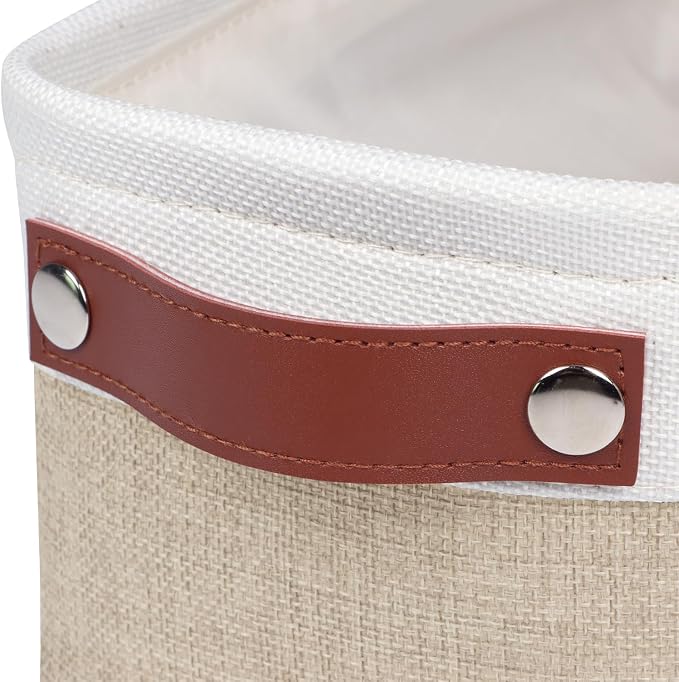 Univivi Small Fabric Storage Bins,15x6x5 inch,4 Pack,Khaki | Metal Frame,Hard Cardboard Bottom,Foldable,with PU Handles,Long Narrow Storage Baskets,Organizing Small Items