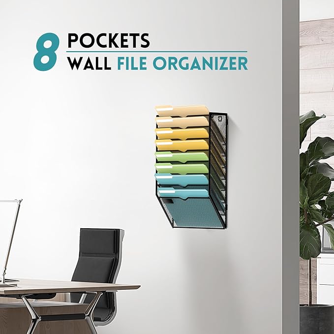 SUPEASY 8 Tier Wall File Organizer, Hanging Wall Mounted Mail Organizer with Label Slots, Metal Mesh File Holder Magazine Rack for Office, Home, School or Classroom, Black