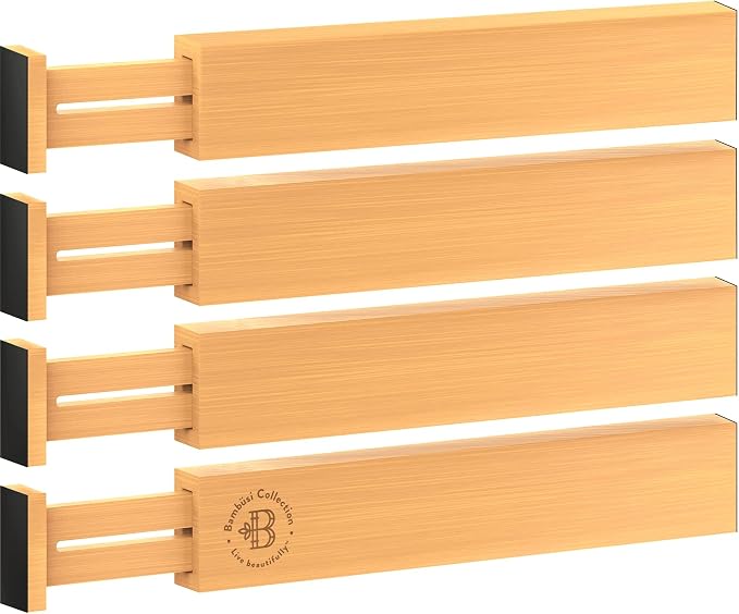 4-Pack Drawer Dividers 2.6-Inch High Dresser Drawer Organizer 16 to 22 Inch | Bamboo, Spring Loaded, No Tools Needed, Fits Wide Drawers for Socks, Clothes, Utensils, Bedroom, Bathroom, Kitchen, Office