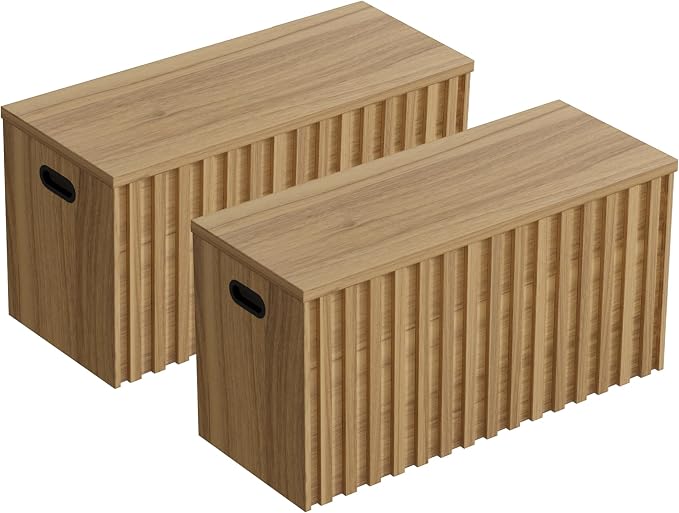 Storage Bench Set of 2, 39.4" Wood Box, Storage Trunk with 2 Safety Hinges, Ottoman Storage Chest Set of 2, Fluted Storage Bench for Bedroom, Shoe Bench for Bedroom, Living Room (Natural Wood)