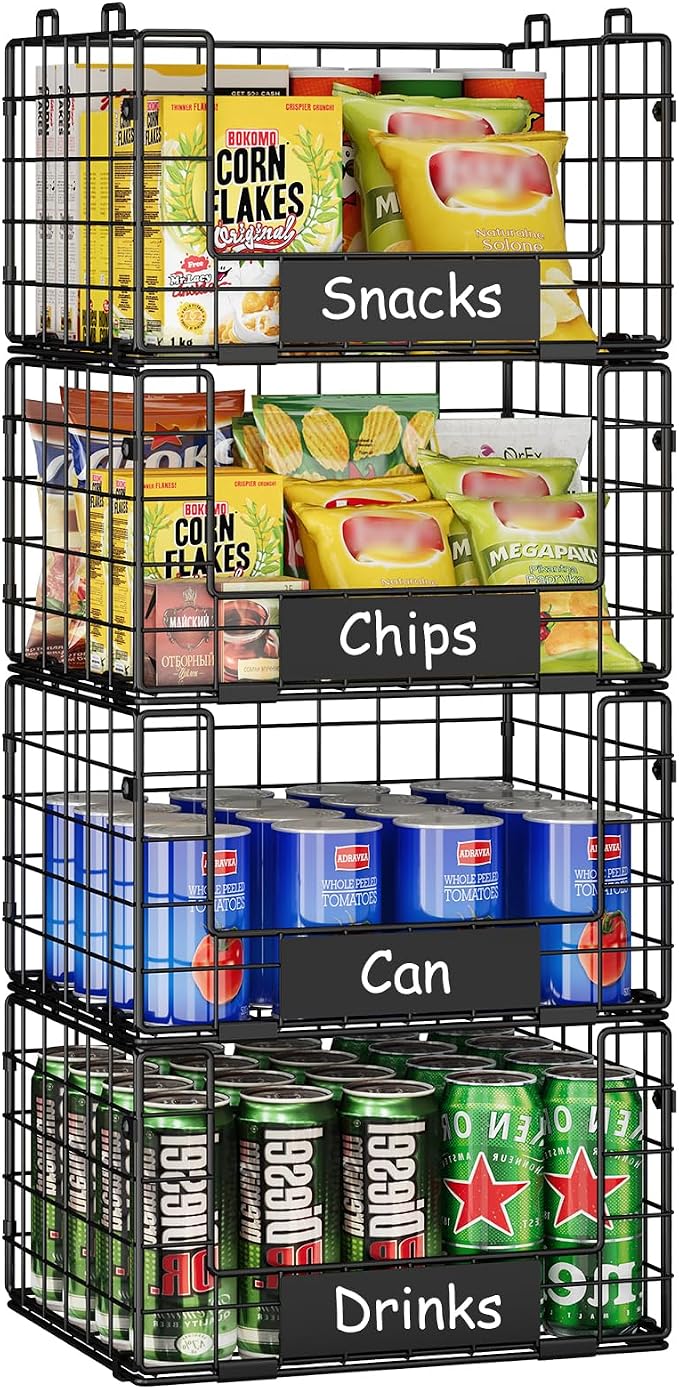 JKsmart 4 Pack XL Stackable Wire Baskets, Pantry Organizers and Storage | Pantry Baskets with Handles and Name Plates, Muti-Purpose for Snack Organizer & Vegetable Basket & Fruit Basket & Snack Rack