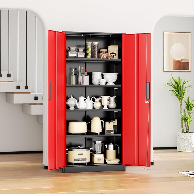 INTERGREAT Metal Storage Cabinet, 72” H Storage Cabinet with Doors and Adjustable Shelves for Office, Home, Garage, Pantry (Assembly Required, Black Red)