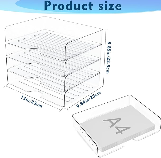 Vivihomety Paper Organizer Letter Tray, 4-Pack Stackable Acrylic, Clear | Stackable, Versatile Desk File Organizer – A4 Paper, Documents, Letters, Books, Bills, iPad – Large Capacity, Home Office