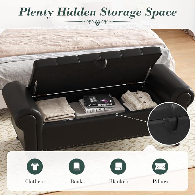 Apicizon 51” Bench with Storage, Queen Size Faux Leather End of Bed Bench with Tufted Button, Ottoman Bench with Rolled Arms & Vintage Rivets for Foot of Bed, Living Room, Entrance, Black