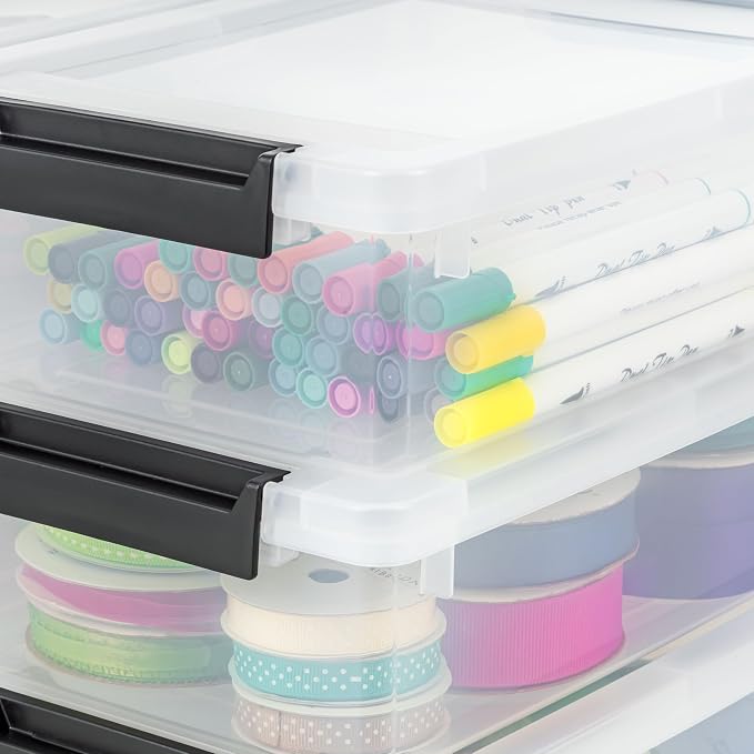 IRIS USA Storage Bins with Lids |Made in USA| 2 Qt - (6-Pack) - Clear/Black | Sensory Craft Organizers, Plastic Clip Box Totes, Flat Containers for Organizing Paper, Office, Art & Study Supplies