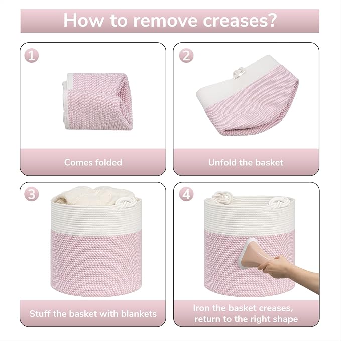 Goodpick Woven Rope Blanket Basket Living Room, 40L, Pink | Small Laundry Basket for Organizing Baby Clothes, Blankets & Pillows, Great for Bedroom Nursery Home Décor, Pink