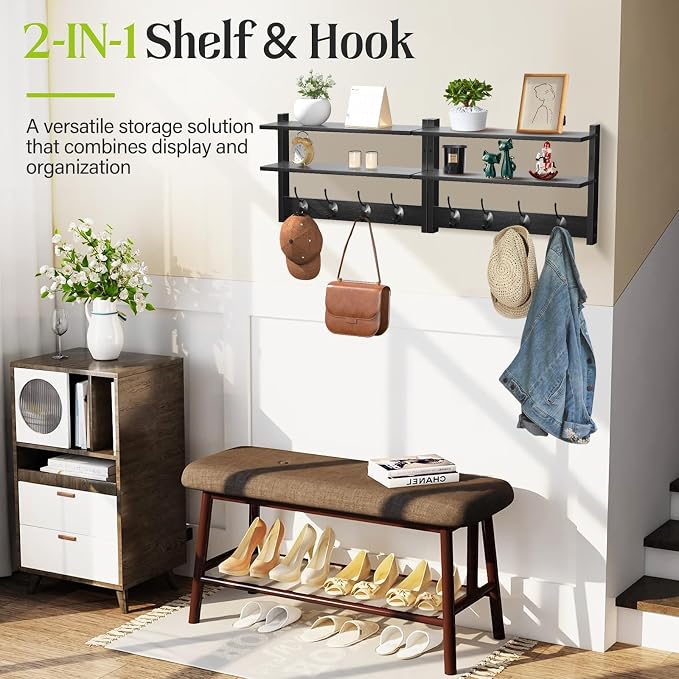 2 Tier Coat Rack Wall Mount with Shelf, 33" Wall Shelf with Hooks, Entryway Key Holder for Wall with 8 Heavy Duty Double Hooks, Coat Hook Wall Mounted for Bedroom, Living Room, Black