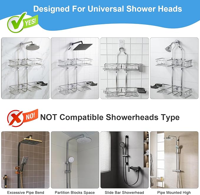 Shower Caddy Hanging Organizer Over Showerhead with Hooks, Silver | Rustproof Hanging Shower Organizer for Handheld Showerheads, Shower Shelves Rack with Razor Soap Holder, Toothbrush Holder