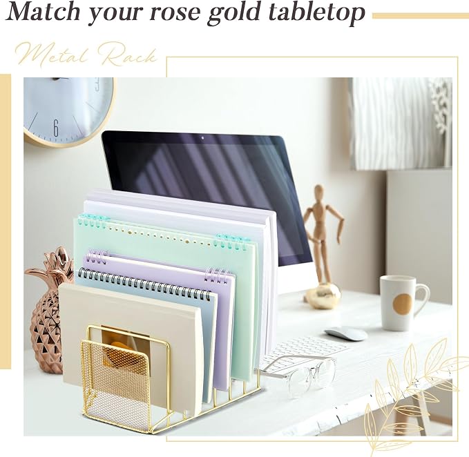 2 Pcs 7 Section Wire File Organizer for Desk, Metal Mesh Incline File Holder, Letter & Magazine Folder Rack, Desktop Paper Sorter for Home Office Back to School (Golden)
