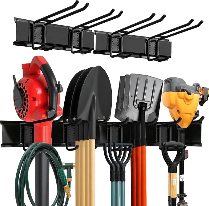 TIDYME Garage Wall Organizer, Shovel Holder Wall Mount, 32" Double Hooks | 200 lbs, adjustable double-layer tool hangers for garage wall, holds ladders, shovels, rakes, hoses & power tools