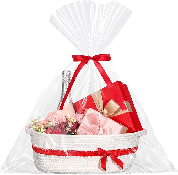 Colingmill 1 Set Woven Empty Basket for Gift,White Red | with Cellophane Wrap Set, 14 x 10 x 5.5 Inch, Medium Decorative Gift Basket, Cotton Rope Storage Box, Home Decor