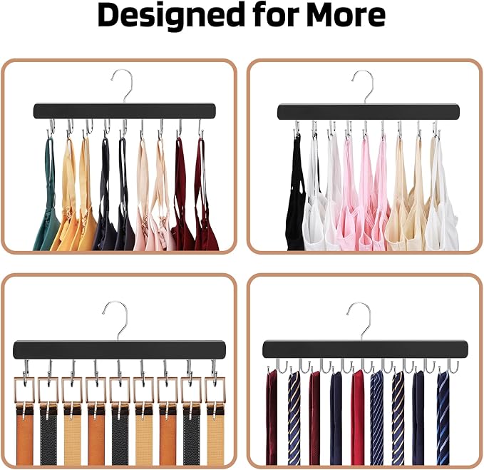 NECAMOCU 2 Pack Bra Hanger for Closet Organizer, Premium Tank Top Hangers | Black Wooden Bra Holder with 36 Foldable Hooks, 360° Rotating Design, Space Saving Storage for Tank Tops, Bras, Belts