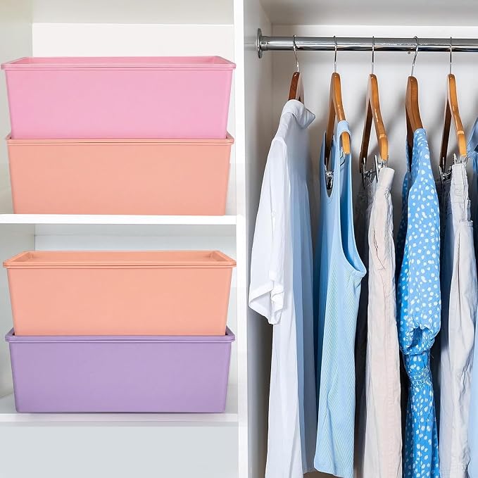 6 Pcs Large Plastic Storage Bins with Lids 14.4 x 10.4 x 5.1 Inch Stackable Storage Containers Decorative Cubby Organizer for Clothes Shelves Garage Closet Office (Pastel)