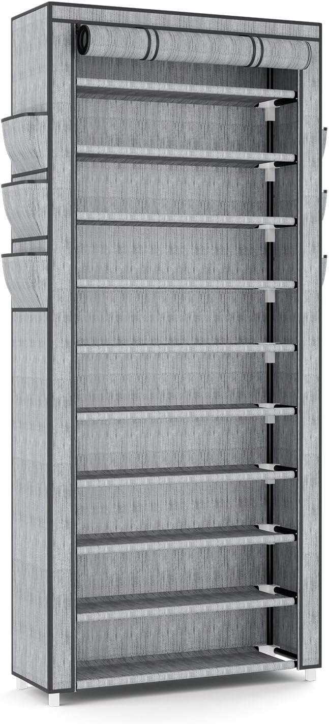 VTRIN Vertical Narrow Shoe Rack Organizer Tall Shoe Rack for Closet Entryway 10 Tier Non-Woven Cover Shoe Shelf Holds 36-41 Pairs Free Standing Shoe Storage Cabinet with Dustproof Cover, Multi Color