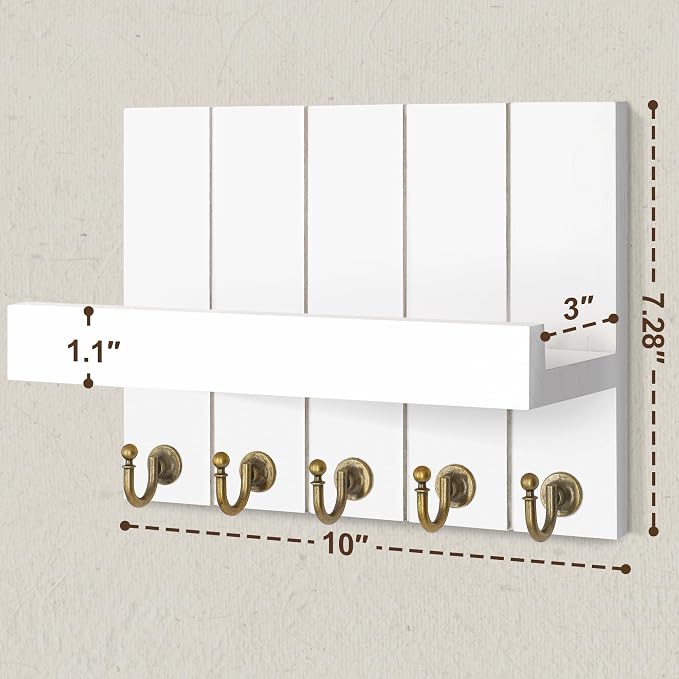 Rebee Vision Key Holder Wall Mount with 5 Key Hooks for Entryway, White | 3.54" x 10" x 7.28", Key Holder for Wall, Mail Organizer, Floating Shelf, Farmhouse Decor, Apartment Essential