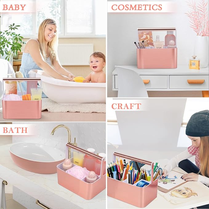 BYUNER Compact Shower Caddy Dorm - Portable Bathroom Caddy Organizer with Handle and Adjustable Divider for College Dorm & Shared Bathroom, Hard Plastic Shower Basket Tote for Toiletry Drainage, Pink