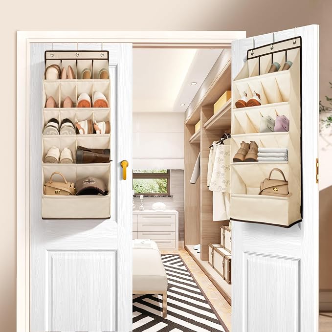 FENTEC 1 Pack Over the Door Shoe Organizers, Hanging Shoe Organizer with Large Deep Pocket Shoe Holder for Closet Shoes Rack for Wall, Over Door Shoe Storage Hold up to 18 Pairs Shoes, Beige