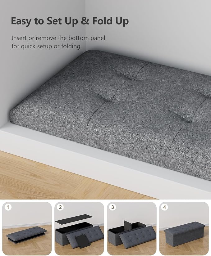 Folding Storage Ottoman Bench, Dark Gray, 43 Inches | Multi-Functional Ottoman Foot Rest, End of Bed Bench, Storage Chest, Living Room, Bedroom, Hallway, Entryway, 600 lb Capacity