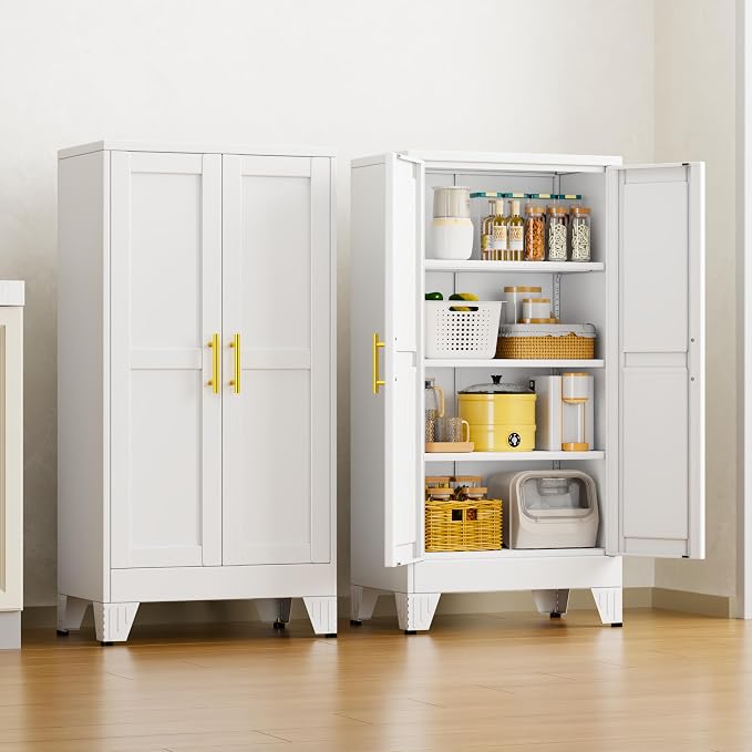 47" White Metal Storage Cabinet with 2 Doors and 3 Adjustable Shelves,Steel Garage Tool Cabinet, File Cabinet,Kitchen Pantry Cabinet for Home,Office,Garage,School,Warehouse