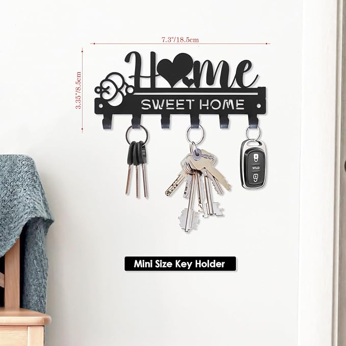 “Home Sweet Home”Key Holder wall Mount(Mini Size:7.3x3.35inches) | Simple Metal Decorative Key Hooks Rack for Entryway Front Door Hallway Garage Office