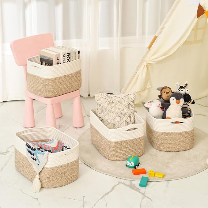 ICERZCZ Storage Baskets for Organizing & Shelves, Woven Cotton Rope Organization Bins for Dog Toys, Clothes, Books, Nursery Organizer, 15"Lx11''Wx9.5''H, (4 Packs) Off White & Brown