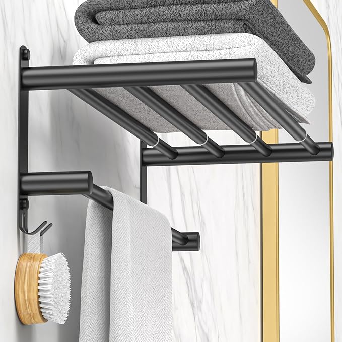 CAXIMSY Black Adjustable Towel Bar for Bathroom Wall Mount17-30.7inch Adhesive Shower Towel Rack Stainless Steel Bath Towel Holders for Toilet Kitchen Double Towel Hanger (Black 2-Layer Towel Rack)