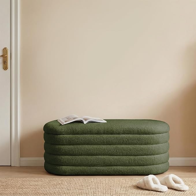 Storage Ottoman Bench, 45'' Upholstered Boucle Ottoman with Storage, Aesthetic End of Bed Bench for Bedroom Living Room Entryway, Green