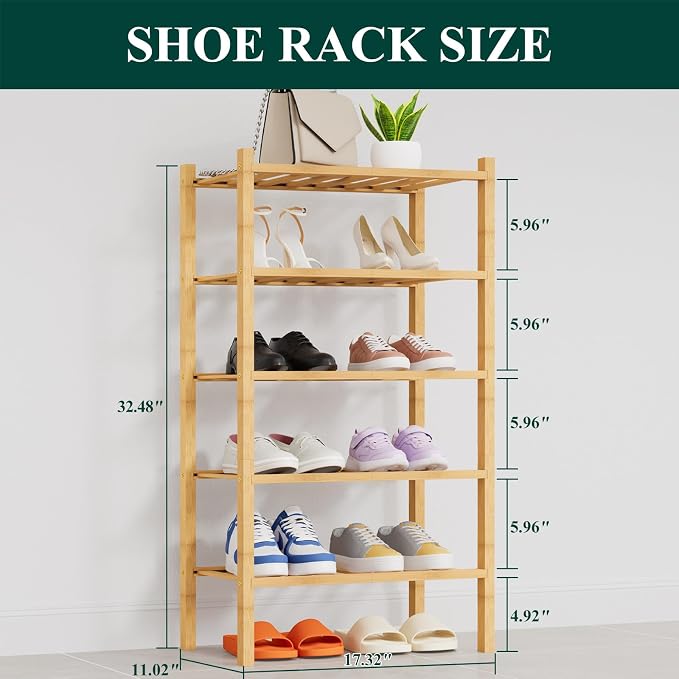 Smiry Bamboo Shoe Rack, 14 Vertical Slats, 5 Tier - 17.3" Wide, Natural | Stackable Free Standing Wooden Shoe Organizer, Wood Shoe Storage Shelf for Closet, Entryway, Thicher Leg