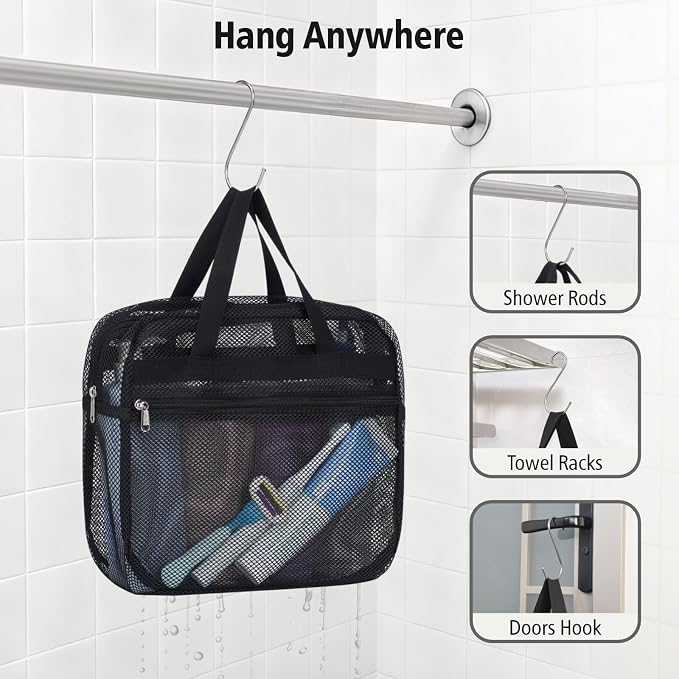 Mesh Shower Caddy Portable with Zipper - 2-Handle Shower Bag for Dorm | S-Hook, Quick-Dry Mesh, Toiletry Organizer, College Dorm Room Essentials for Girls, Camping, Gym, Travel & Bathroom, Black