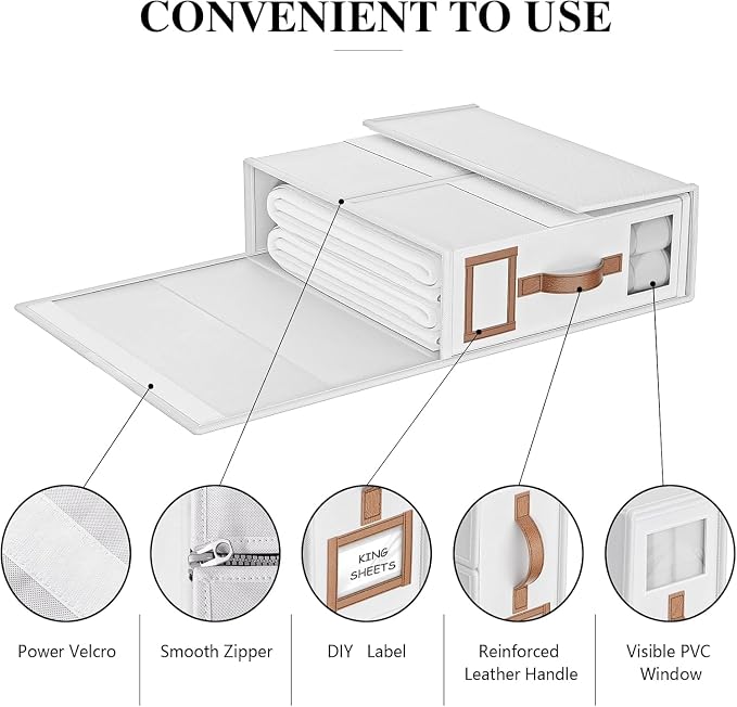 6 Pack Foldable Bed Sheets Set Organizers and Storage(King & Queen Size),Linen Fabric Closet Organizers with Window,Folding Bedding Storage Box for Bedsheets and Pillow Cube Organizer-White