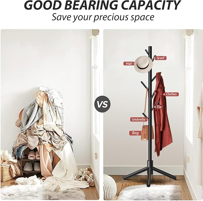 Unisakey 8-Hook Freestanding Wooden Coat Rack 3 Adjustable Heights Black | Stable Triangular Base for Safety,Durable Construction,Simple Tool-Free Assembly,Ideal for Bedroom Hallway Office Entryway