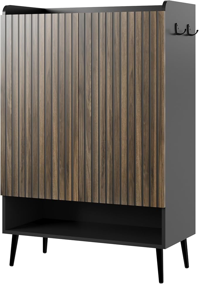 GarveeHome Shoe Cabinet, Large Shoe Cabinet with 2 Doors, Adjustable Shelves, Shoe Organizer with Doors for Hallway, Entryway, Living Room, Black+Nut-Brown