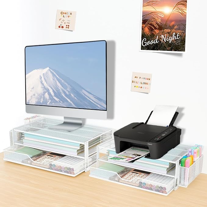 AUPSEN Computer Monitor Stands Riser,2-Tier Desk Organizers and Accessories, Office Desk Accessories Organizer with Drawers and 2 Pen Holder for Office Supplies (White)