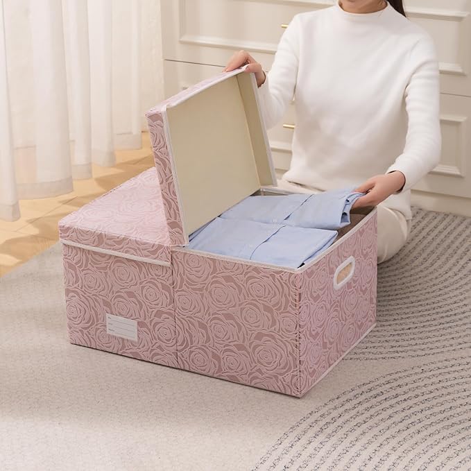 PRANDOM Extra Large Collapsible Storage Boxes with Lids Fabric Decorative Storage Bins Cubes Organizer Baskets with Cover Handles Divider for Bedroom Closet Living Room 19.6x15.7x11.8 Inch 3 Pack