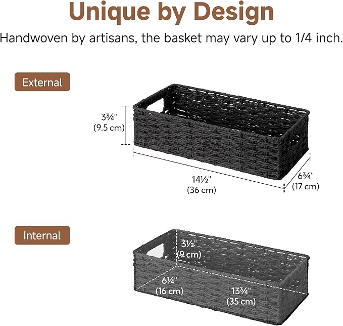 StorageWorks Toilet Basket Tank Topper, Bathroom Basket Organizer, Black | Paper Rope Toilet Paper Baskets for Back of Tank, Small Wicker Basket with Built-in Handles for Rustic Bathroom Decor