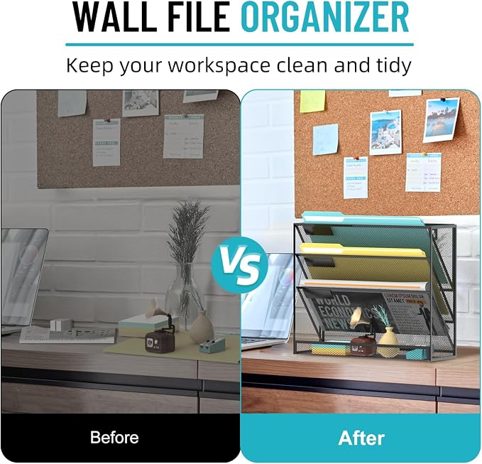 SUPEASY Wall File Organizer Mesh Office Mail Holder, Hanging Wall Organizer Magazine Rack for Office Black, 4 Tier