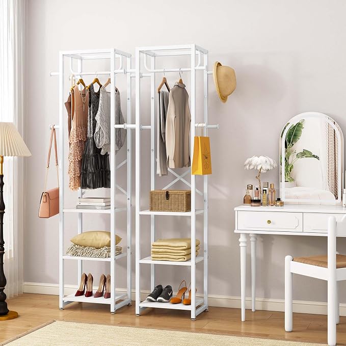 IBUYKE Freestanding Coat Rack,with 3 Shelves and 8 Hooks,White UTMJ088W | Metal Frame,Industrial Hall Tree,Clothes Stand for Entryway, Hallway, Bedroom,Office, Living Room