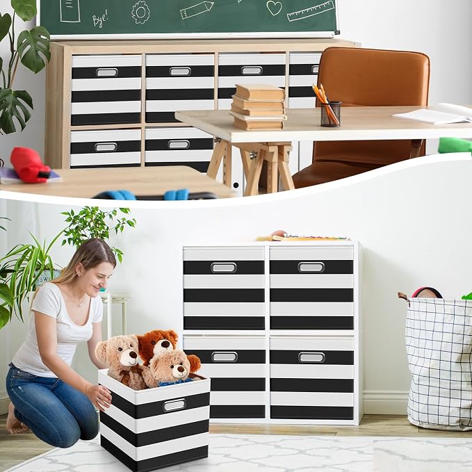 CroBlissful 13 Inch 6 Pack Fabric Storage Cubes with Metal Handles, Back to School Collapsible Organizer Bins for Classroom, Closet, Student Room, Toys and School Supplies (Black and White)